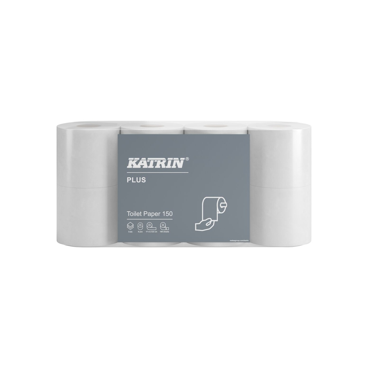 Papír toaletní Katrin Plus 150, 3vrstvý, celulóza, ø 11,8 cm, 17,3 m, 150 útržků, bílý